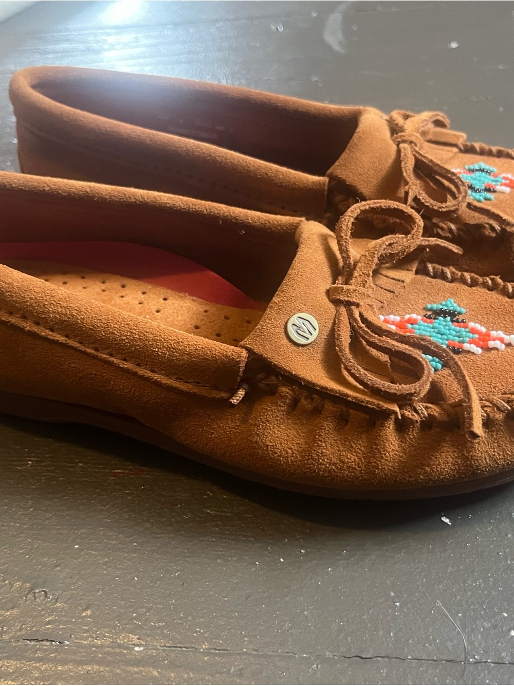 Minnetonka Brown Suede Moccasins with Turquoise & Coral Beadwork - Picture 9 of 9